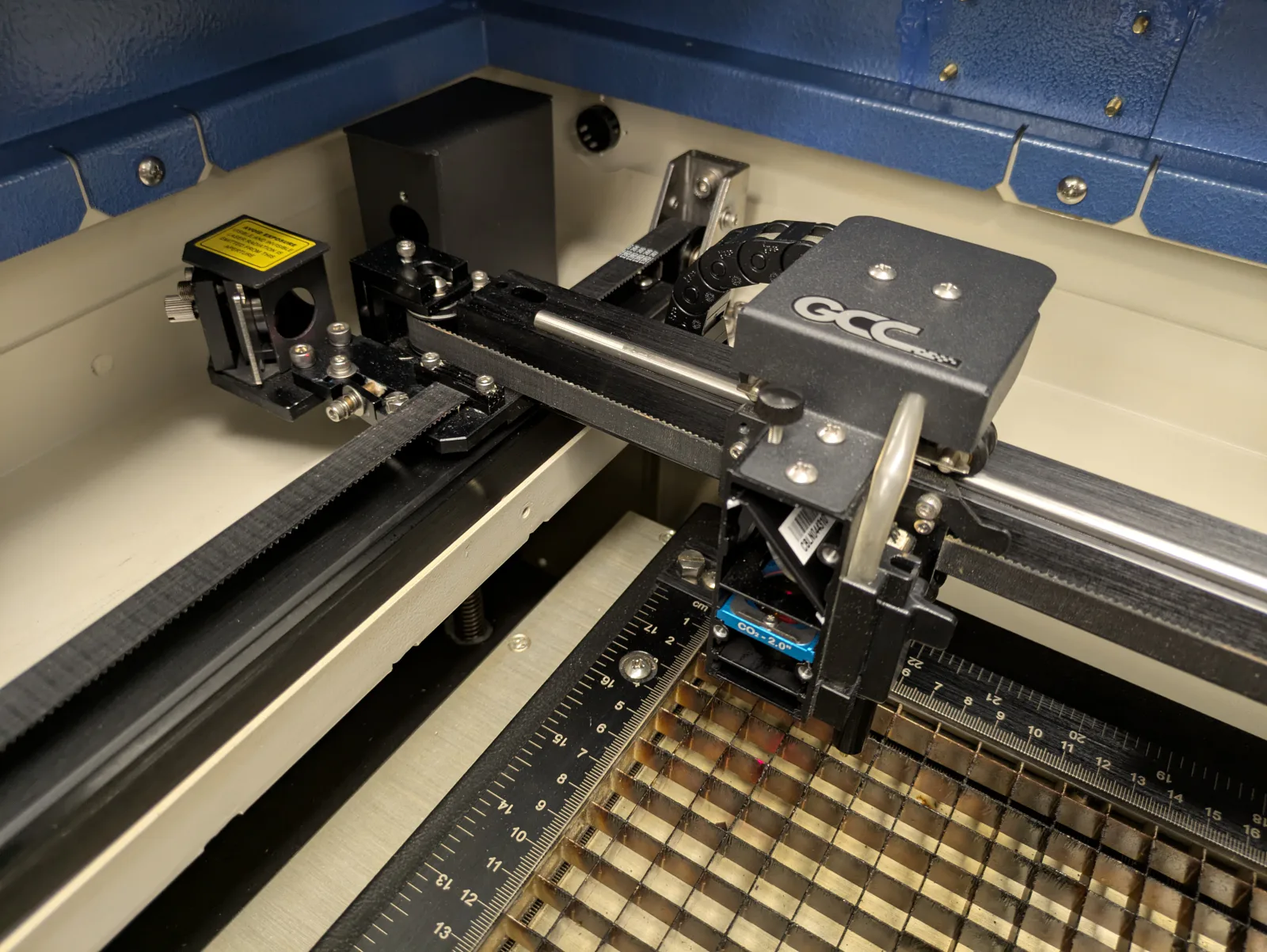 GCC Mercury 3 head carriage, rail and drive assembly exposed for inspection